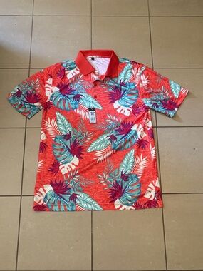 NWT Monterey Club  Red Tropical Print Hawaiian Polo Shirt Medium